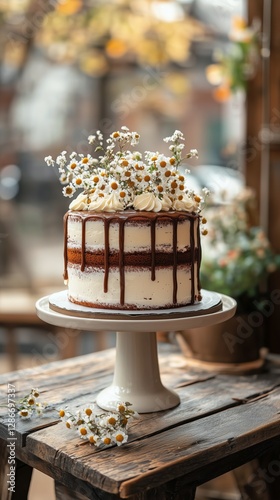 Delicious Berry and Cream Layered Cake Displayed at a Rustic Country Gatherin...
