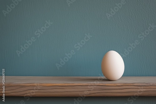 Simple White Egg Resting on a Wooden Shelf Against a Textured Blue Wall