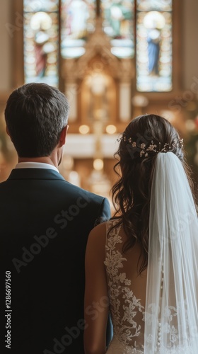 Couple Exchanging Vows in a Beautiful Church Ceremony With Stained Glass Windows