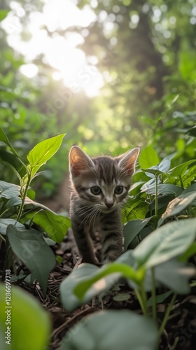 Adorable Kitten Exploring Green Forest Undergrowth During Daytime