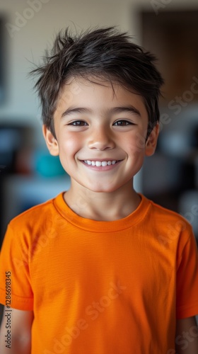 Young Boy With Cheerful Smile Wearing Bright Orange Shirt Indoors