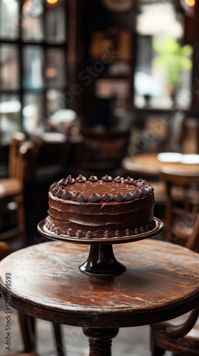 Delicious Creamy Cake With Crumb Topping Displayed on Wooden Stand in Cafe Se...