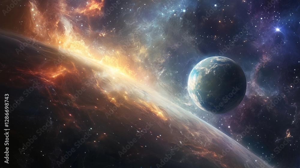 Obraz premium A planet is floating in space with a bright orange and yellow background. The planet is surrounded by a lot of stars and the sky is filled with them