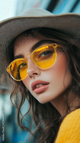 Stylish Woman Wearing Yellow Sunglasses and a Wide-Brimmed Hat on a Sunny Day...