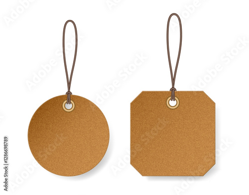 Brown price tags made of kraft paper or cardboard. Luggage tag. Cardboard label for clothes.