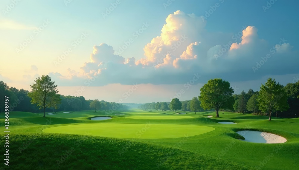 Softly glowing clouds float above lush green links golf course, serenity, green, links Softly glowing clouds float above lush green links golf course, serenity, green, links