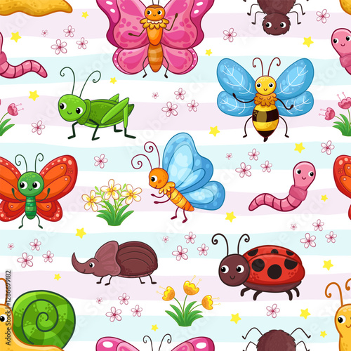Seamless pattern with cute insects with different butterflies on a white background. Vector illustration with insect in cartoon style.