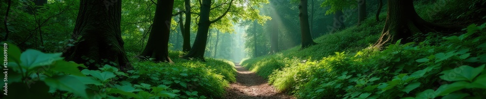 Fototapeta premium Overgrown coniferous forest path with dense foliage and vines, overgrown, vines