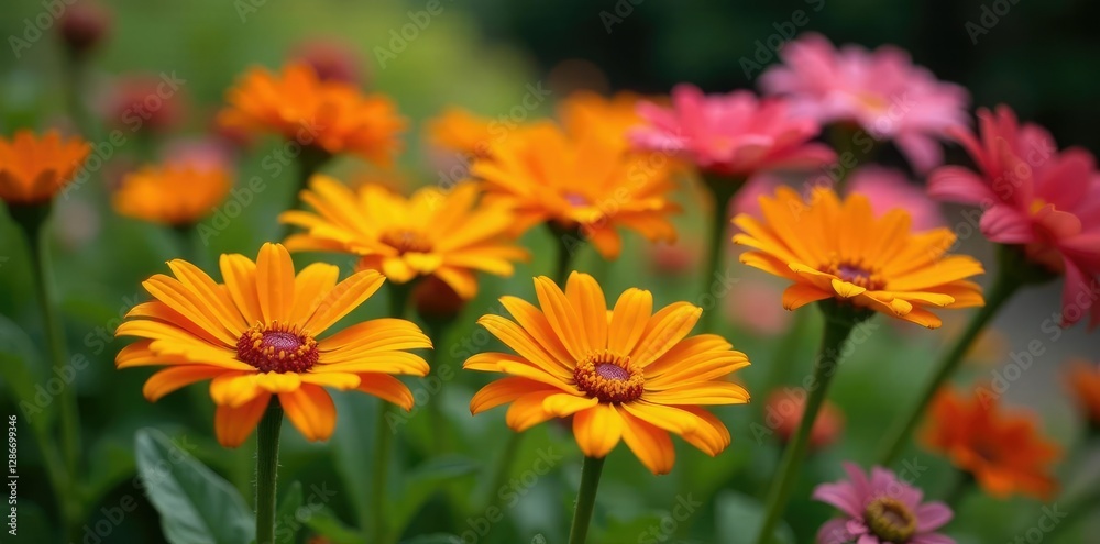 Orange gerbera daisies in a garden with other flowers, flowers arrangement, garden, Orange gerbera daisies in a garden with other flowers, flowers arrangement, garden,