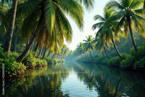 Palmetto branches sway in gentle wind over calm river, branches, water, swaying