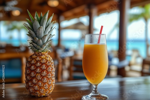 Refreshing Pineapple Drink on a Table With a Whole Pineapple in a Tropical Be...