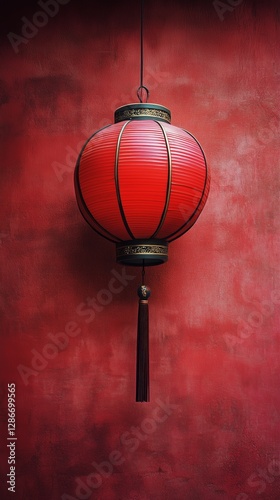 Bright Red Lantern Illuminates Textured Wall in Traditional Setting During Fe...