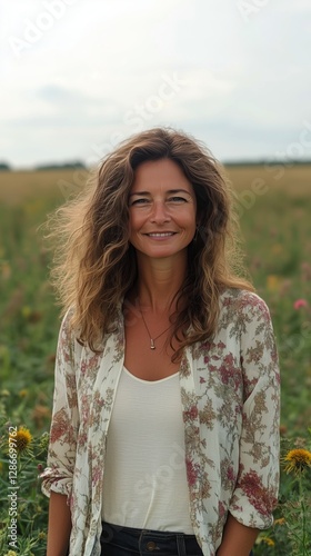 Smiling Woman With Curly Hair in a Flower Field During a Sunny Day in Summer