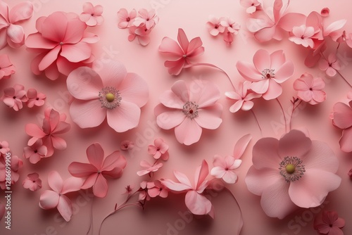 Beautiful Arrangement of Pink Flowers on a Soft Pink Background in an Artisti...
