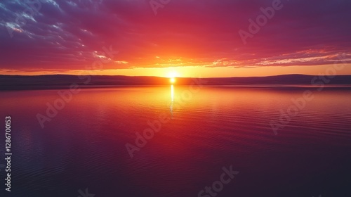 Vibrant Lake Sunset with Fiery Sky and Water Reflection