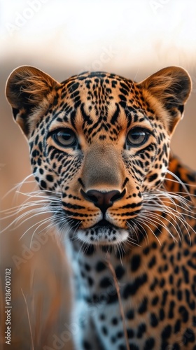 Majestic Leopard Gazes Intensely in Golden Grasslands During Sunset