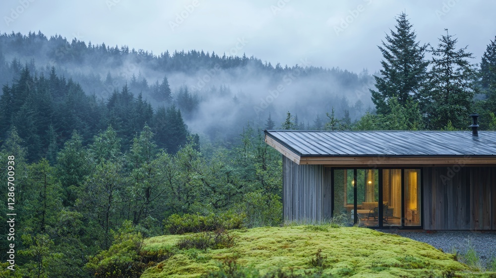 Cool Rain Mist over Moss-Covered Cabin Roof Cool Rain Mist over Moss-Covered Cabin Roof