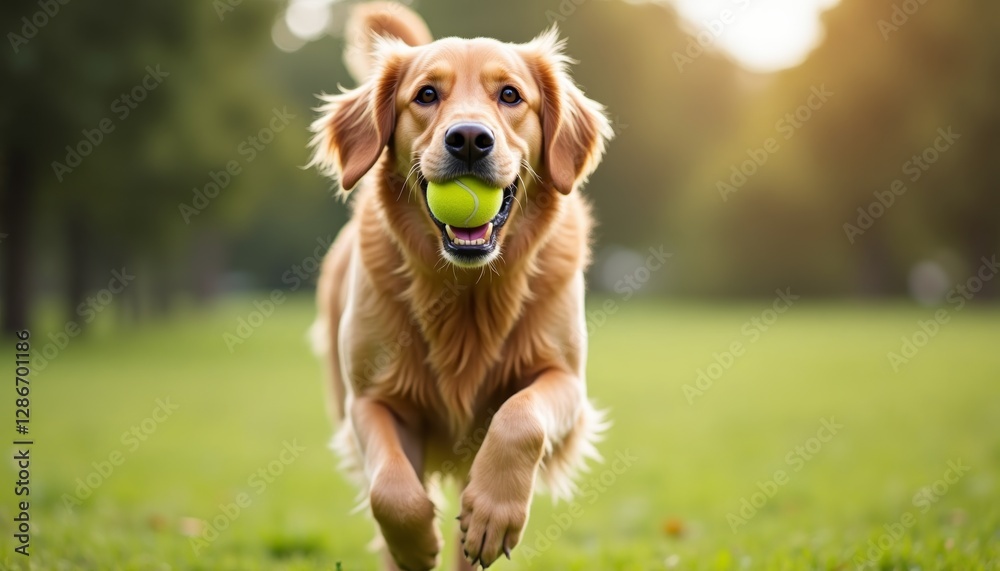 A golden retriever happily running through a park with a tennis ball in its mouth. Happy, active dog in natural setting. Pets, outdoor activities, and happiness. A golden retriever happily running through a park with a tennis ball in its mouth. Happy, active dog in natural setting. Pets, outdoor activities, and happiness.