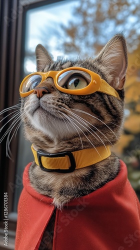 Cat Wearing Yellow Goggles and a Red Cape Poses Proudly by a Window on a Sunn...