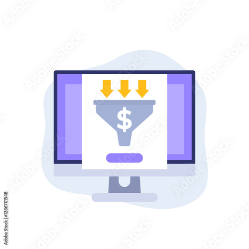 sales funnel software icon with computer, flat design