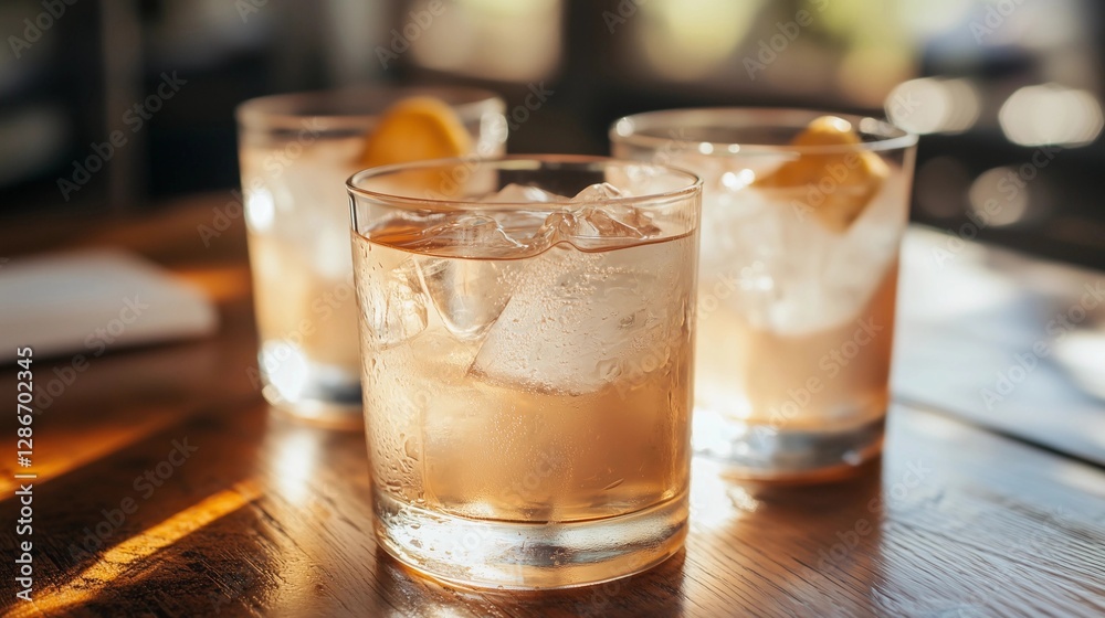 Three glasses of pink drink with ice cubes and lemon slices. The glasses are on a wooden table Three glasses of pink drink with ice cubes and lemon slices. The glasses are on a wooden table