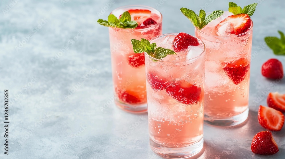 Three glasses of pink drink with strawberries and mint. The drink is served on a table. The drink is pink and has a minty flavor Three glasses of pink drink with strawberries and mint. The drink is served on a table. The drink is pink and has a minty flavor