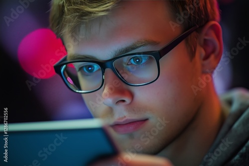 Young Man Intently Studying a Smartphone Screen in a Dimly Lit Environment at...
