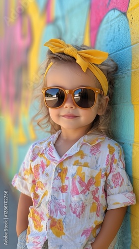 Cute Toddler Wearing Yellow Sunglasses and Polka Dot Bow Against a Bright Yel...