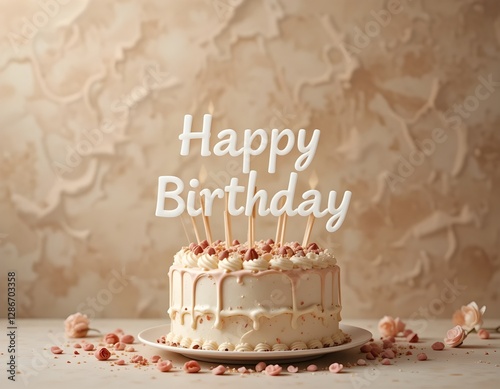 Happy Birthday typography with beige color background.