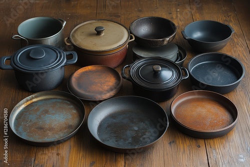Variety of Vintage Cooking Pots and Pans Arranged on Wooden Surface in Warm L...