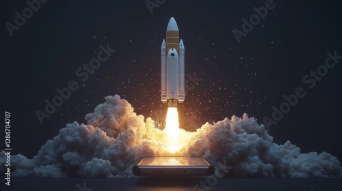 A rocket launching from a smartphone, symbolizing the growth and expansion of social media, digital marketing, and online business