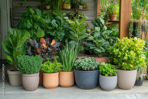 Variety of Potted Plants Arranged on a Patio in a Sunny Outdoor Setting