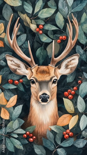 Stunning Deer Portrait Surrounded by Green Leaves and Red Berries in a Soft W...