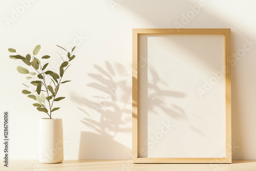Plant in vase near frame mockup on table. Home decor with plant in pot and frame mockup near wall in sunlight. Indoor plant and frame mockup for decoration