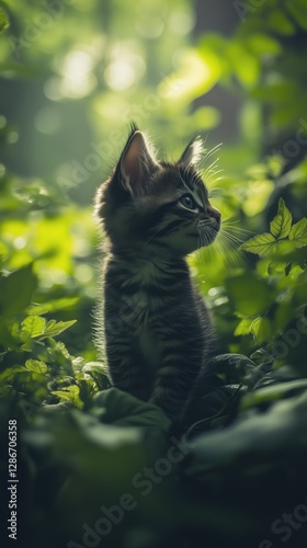 Adorable Kitten Exploring Green Forest Undergrowth During Daytime