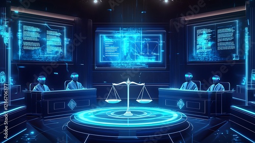 A futuristic courtroom with glowing holographic screens showing legal documents, headsets on judges and lawyers.