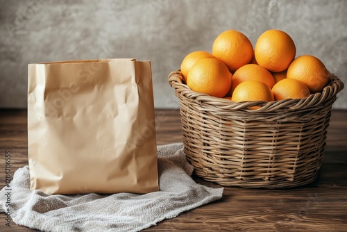 Fresh Oranges in a Basket Beside a Brown Paper Bag in a Bright Indoor Setting
