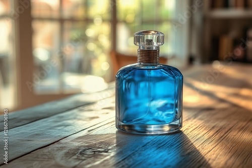 Elegant Blue Perfume Bottle Displayed on Wooden Table With Sunlight Filtering...