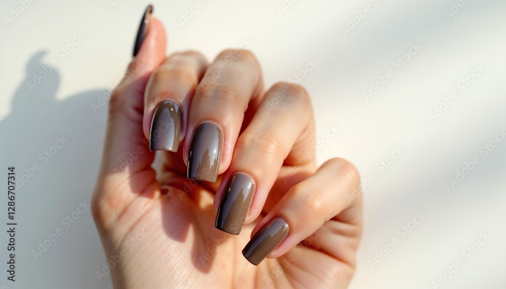Hand with glossy taupe-colored manicured nails in sunlight. Hand with glossy taupe-colored manicured nails in sunlight.