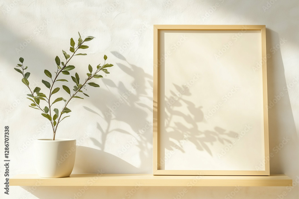 Obraz premium Indoor plant in white pot near picture frame on shelf. Plant with green leaves in pot is standing near frame with blank space. Decorative indoor plant near frame