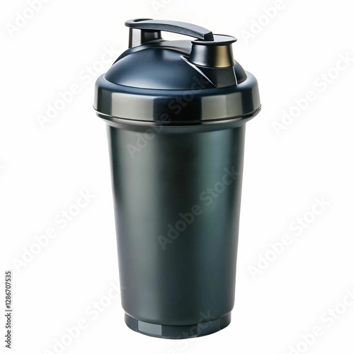 A sleek black shaker bottle for sports nutrition and vitamins,