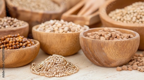 Wooden bowls filled with various grains and beads photo