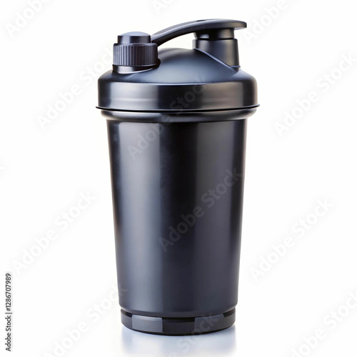 A sleek black shaker bottle for sports nutrition and vitamins,
