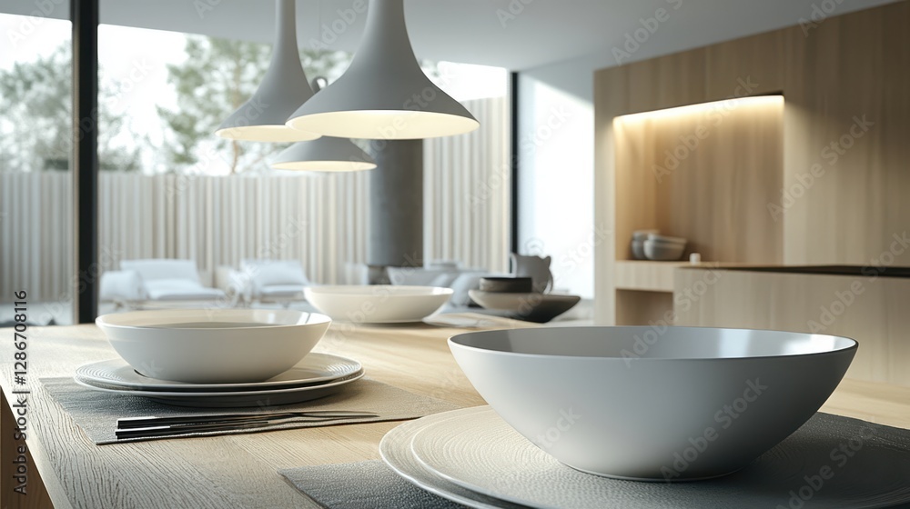 Two bowls and plates are neatly arranged on a kitchen table, showcasing a clean and organized dining setup in a warm, inviting atmosphere. Two bowls and plates are neatly arranged on a kitchen table, showcasing a clean and organized dining setup in a warm, inviting atmosphere.