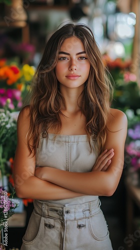 Young Woman Poses Confidently Among Vibrant Flower Arrangements in a Florist ...