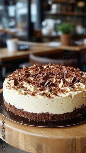 Delicious Creamy Cake With Crumb Topping Displayed on Wooden Stand in Cafe Se...
