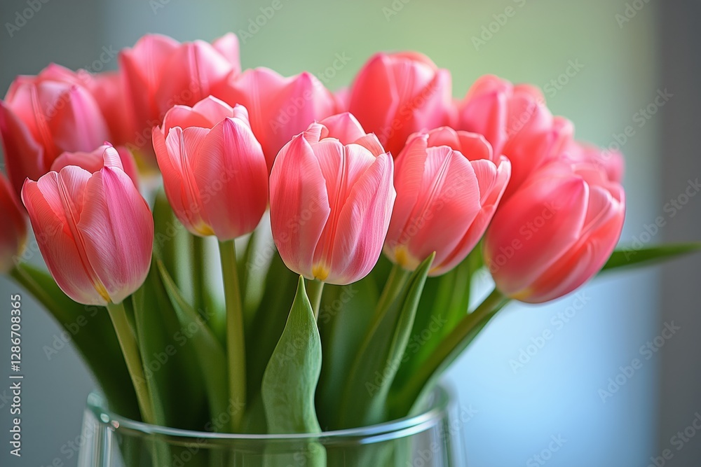Fototapeta premium Beautiful Bouquet of Pink Tulips Displayed Elegantly in a Glass Vase on a Wooden Background