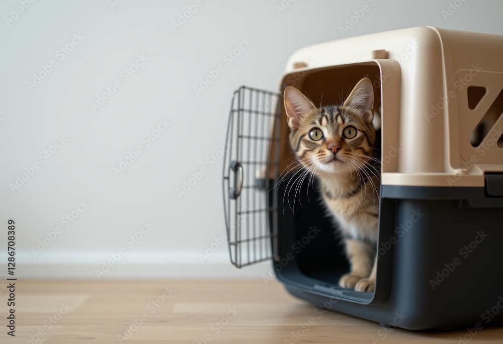 Naklejka premium Curious Tabby Kitten Peeking Out from a Plastic Carrier