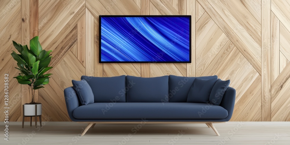 Fototapeta premium Cozy living room featuring a stylish blue couch surrounded by warm decor and natural light inviting relaxation