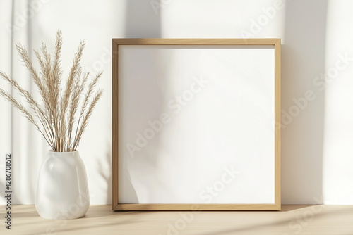 Vase with dried plants and frame mockup on table near white wall with shadows. Decorative vase with dried flowers for interior styling. Square frame mockup